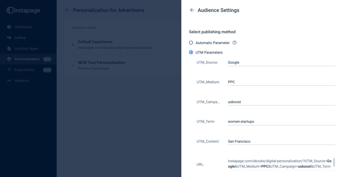 parametri UTM di Instapage per il tracciamento degli annunci