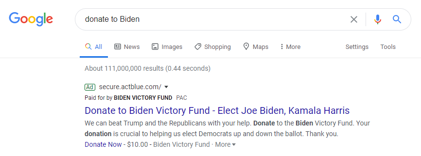 Biden google aramasına bağış yapın