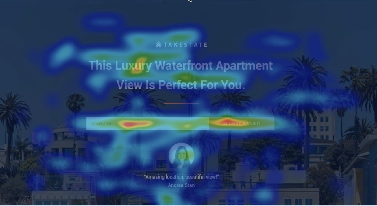 L'immagine raffigura una pagina di destinazione che utilizza uno strumento heatmap per fornire una rappresentazione visiva del comportamento dei tuoi clienti sulla tua pagina di destinazione per aiutarti a ottimizzare il layout.