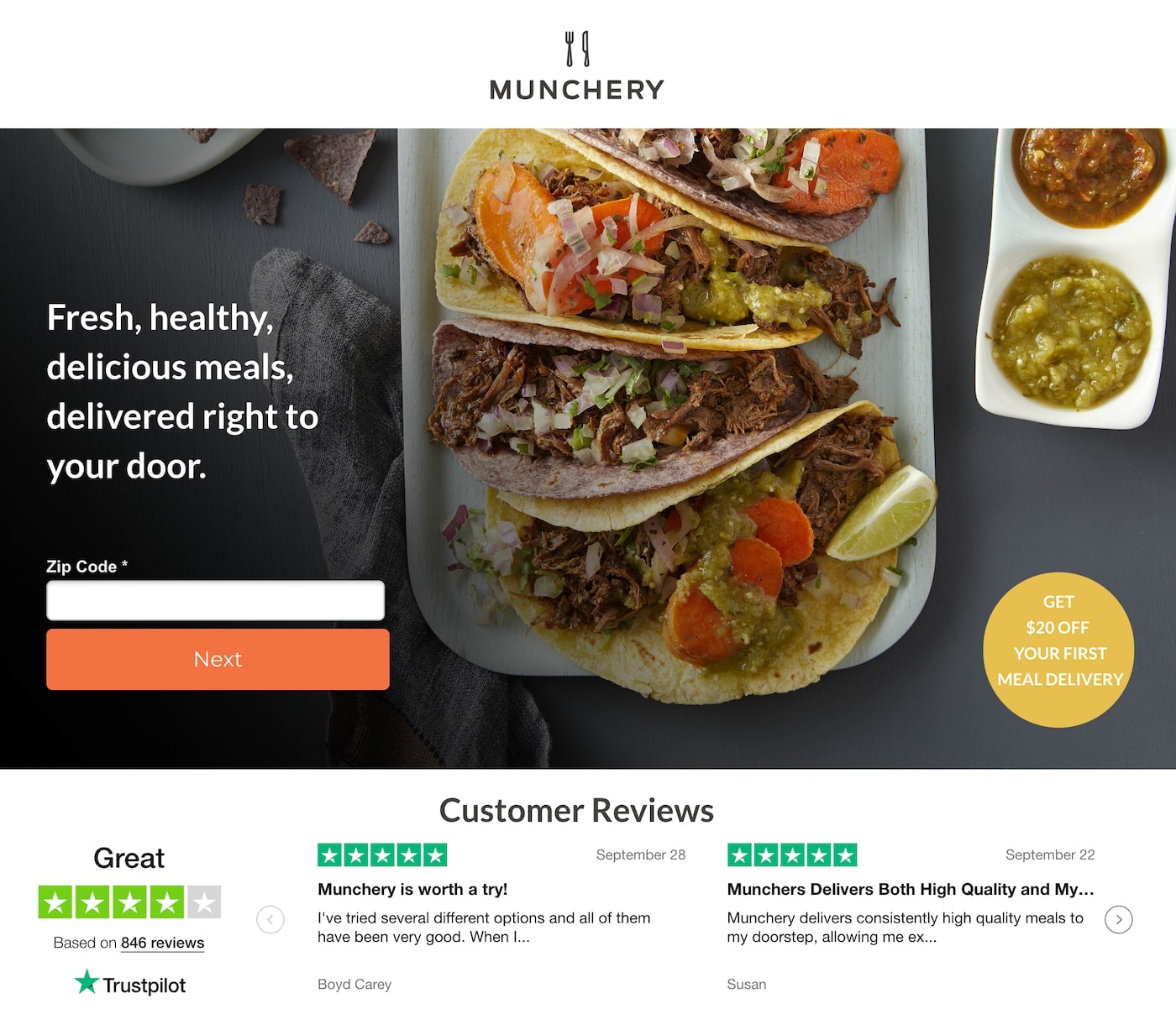 Página de inicio de Munchery