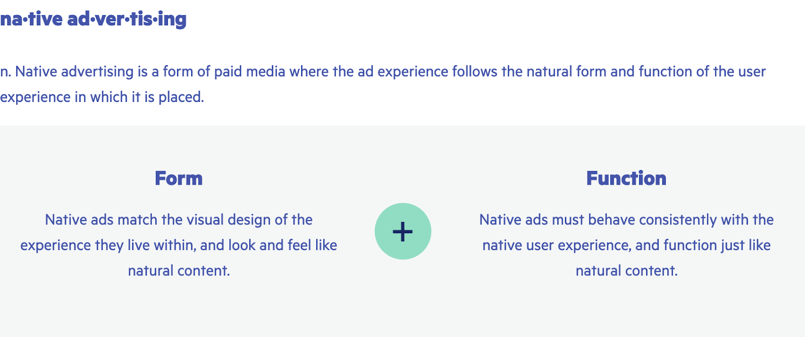 Un'immagine che mostra la definizione di pubblicità nativa. Suddivide la definizione in 2 parti: forma e funzione. Forma = Gli annunci nativi corrispondono al design visivo dell'esperienza in cui vivono e sembrano contenuti naturali. Funzione = Gli annunci nativi devono comportarsi in modo coerente con l'esperienza utente nativa e funzionare proprio come i contenuti naturali. Il suggerimento di questa definizione è che entrambe le definizioni di forma e funzione devono esistere simultaneamente.