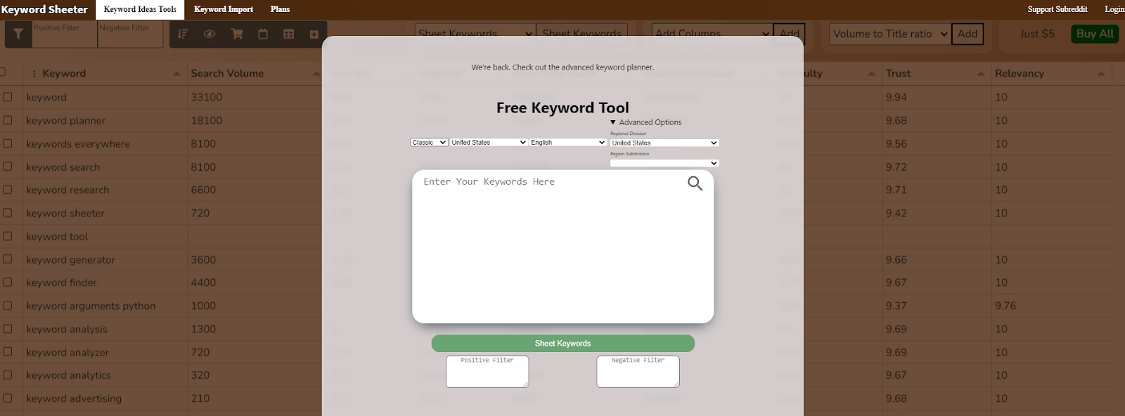 Скриншот домашней страницы инструмента для подбора ключевых слов