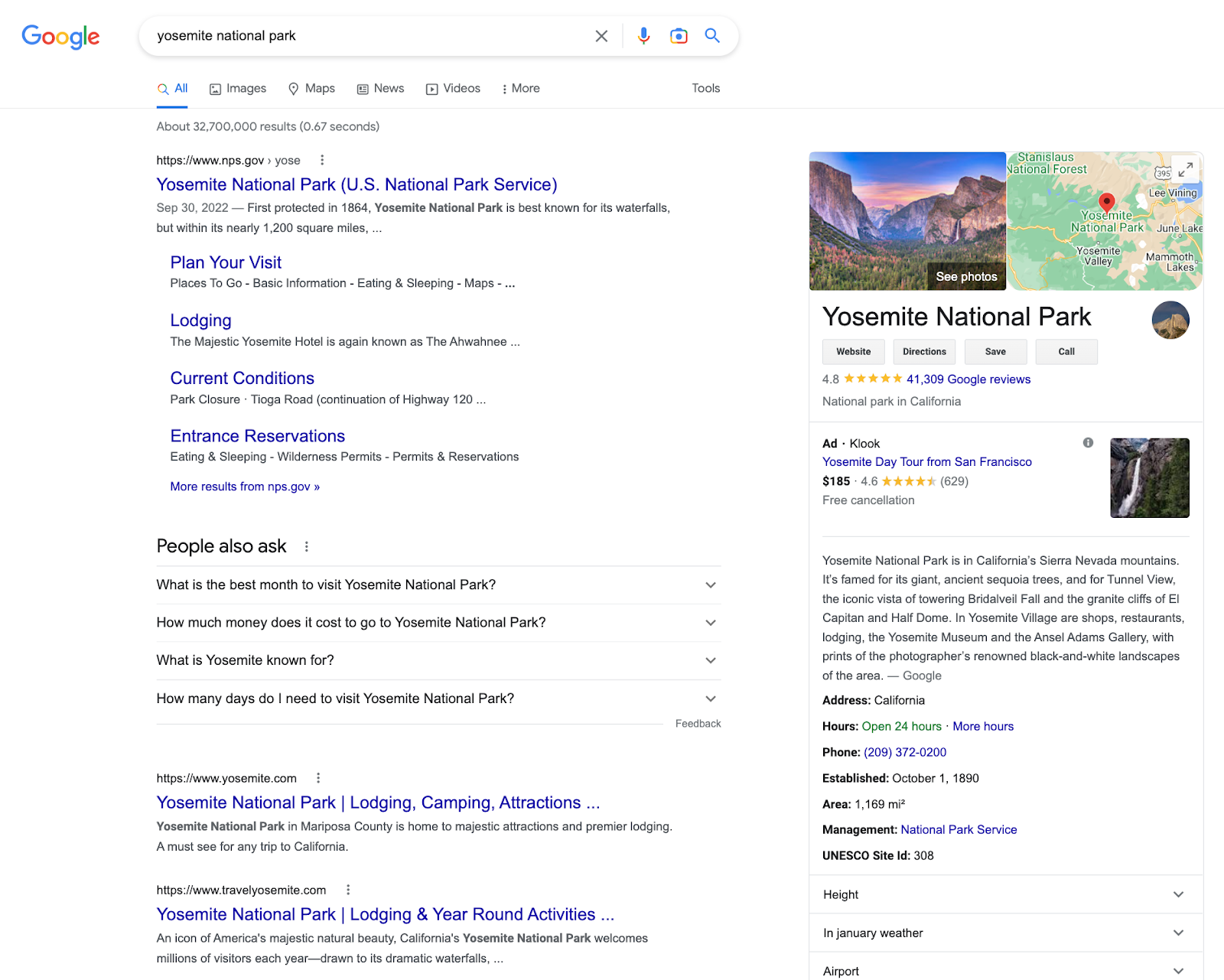 Capture d'écran de la requête de recherche "Yosemite National Park" sur Google