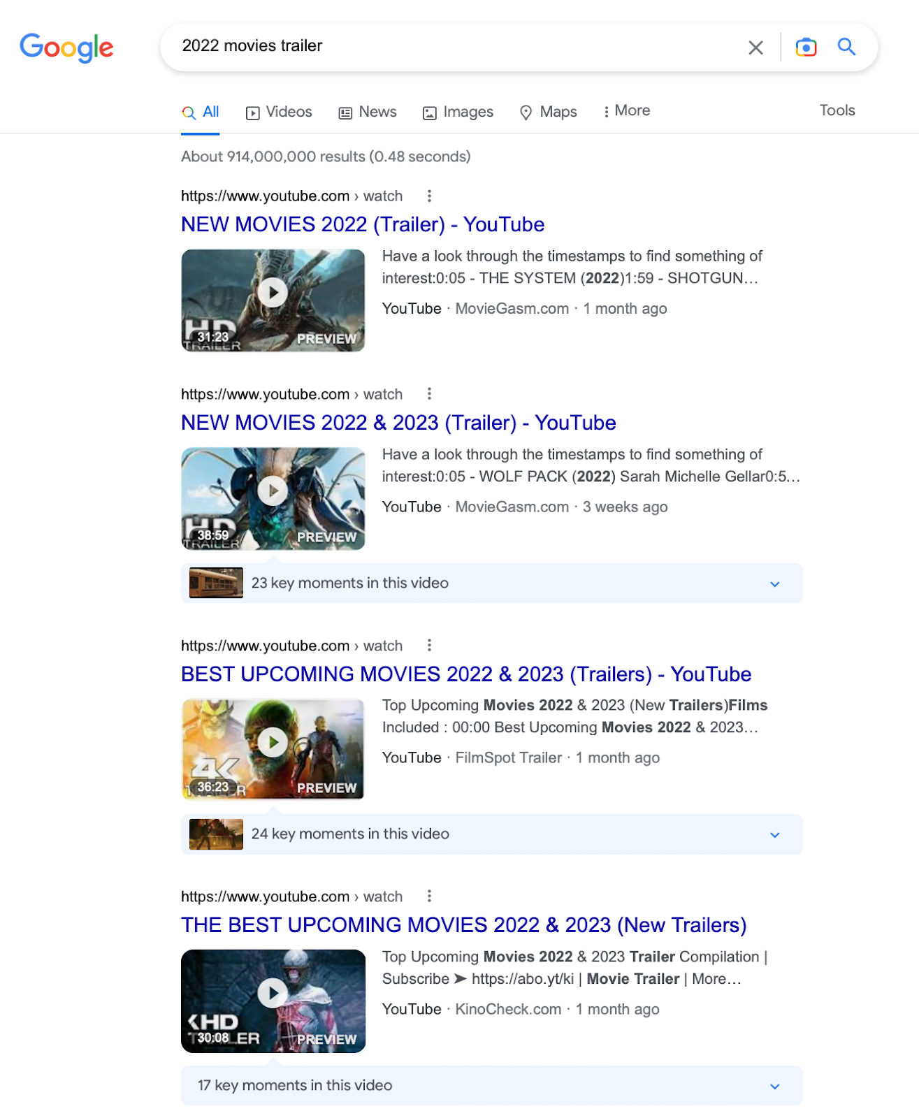 Скриншот для поискового запроса «трейлер фильма 2022 года» в Google