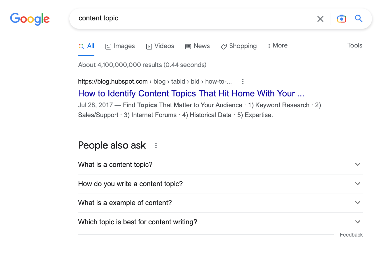 Capture d'écran de la requête de recherche "sujet de contenu" sur Google