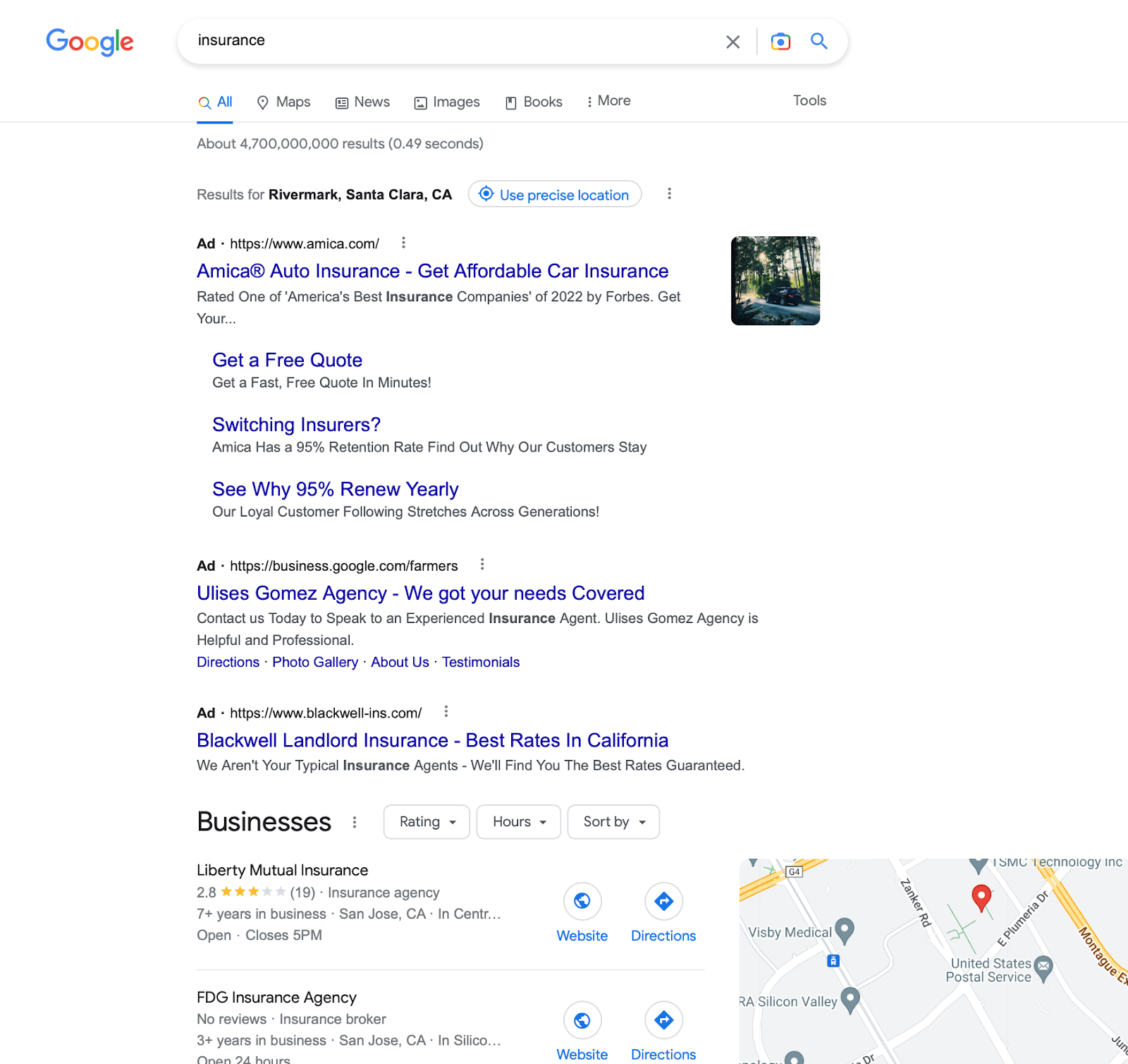 Скриншот для поискового запроса «страхование» в Google