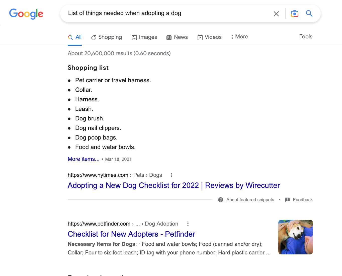 Capture d'écran de la requête de recherche "Liste des choses nécessaires lors de l'adoption d'un chien" sur Google