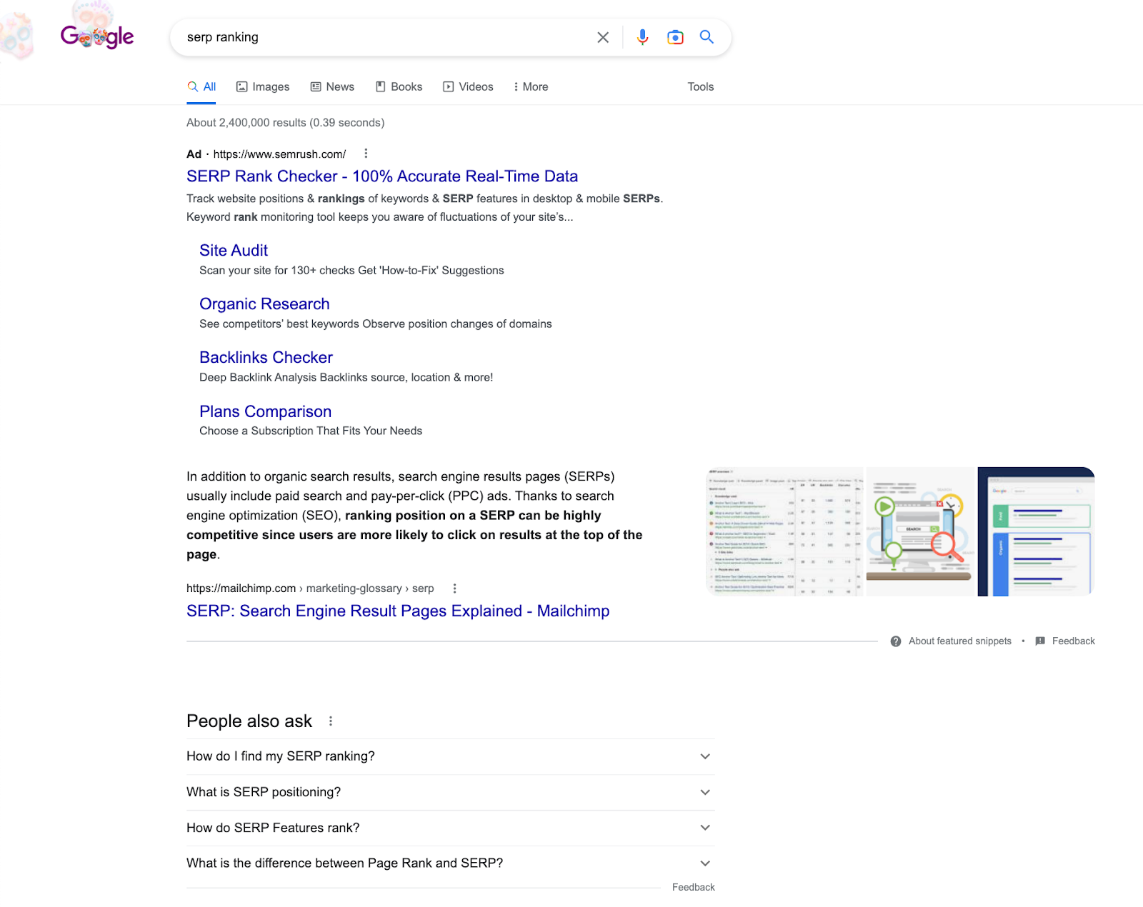 Скриншот для поискового запроса «Рейтинг SERP» в Google. Он включает в себя результаты поиска, избранный фрагмент и раздел «Люди также спрашивают», в котором представлены другие часто задаваемые связанные вопросы.