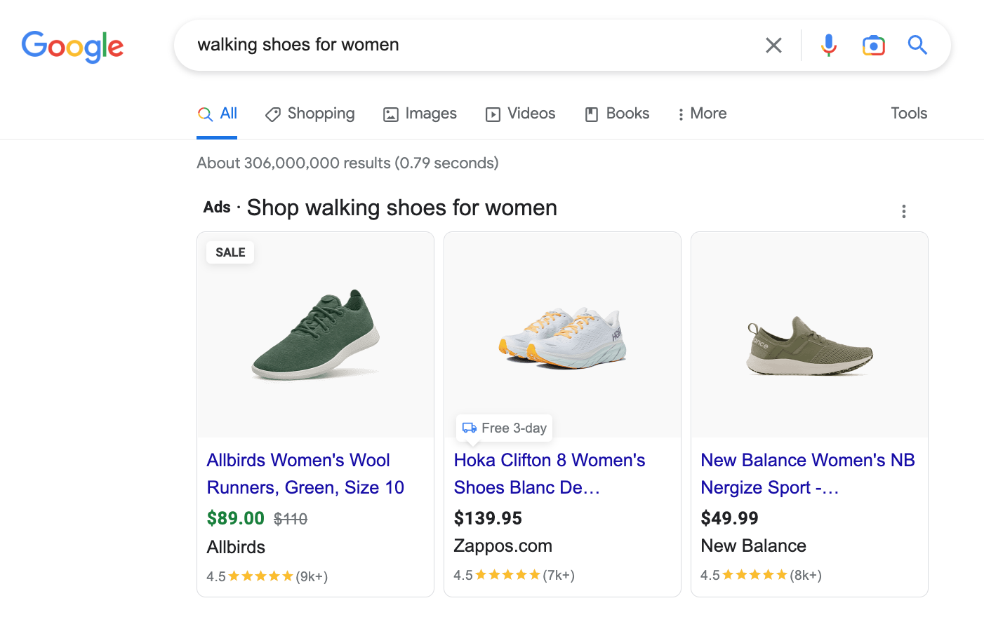Capture d'écran de la requête de recherche "chaussures de marche pour femmes" sur Google