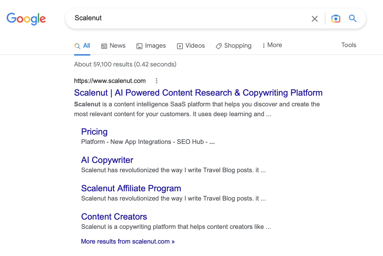 Capture d'écran de la requête de recherche "Scalenut" sur Google