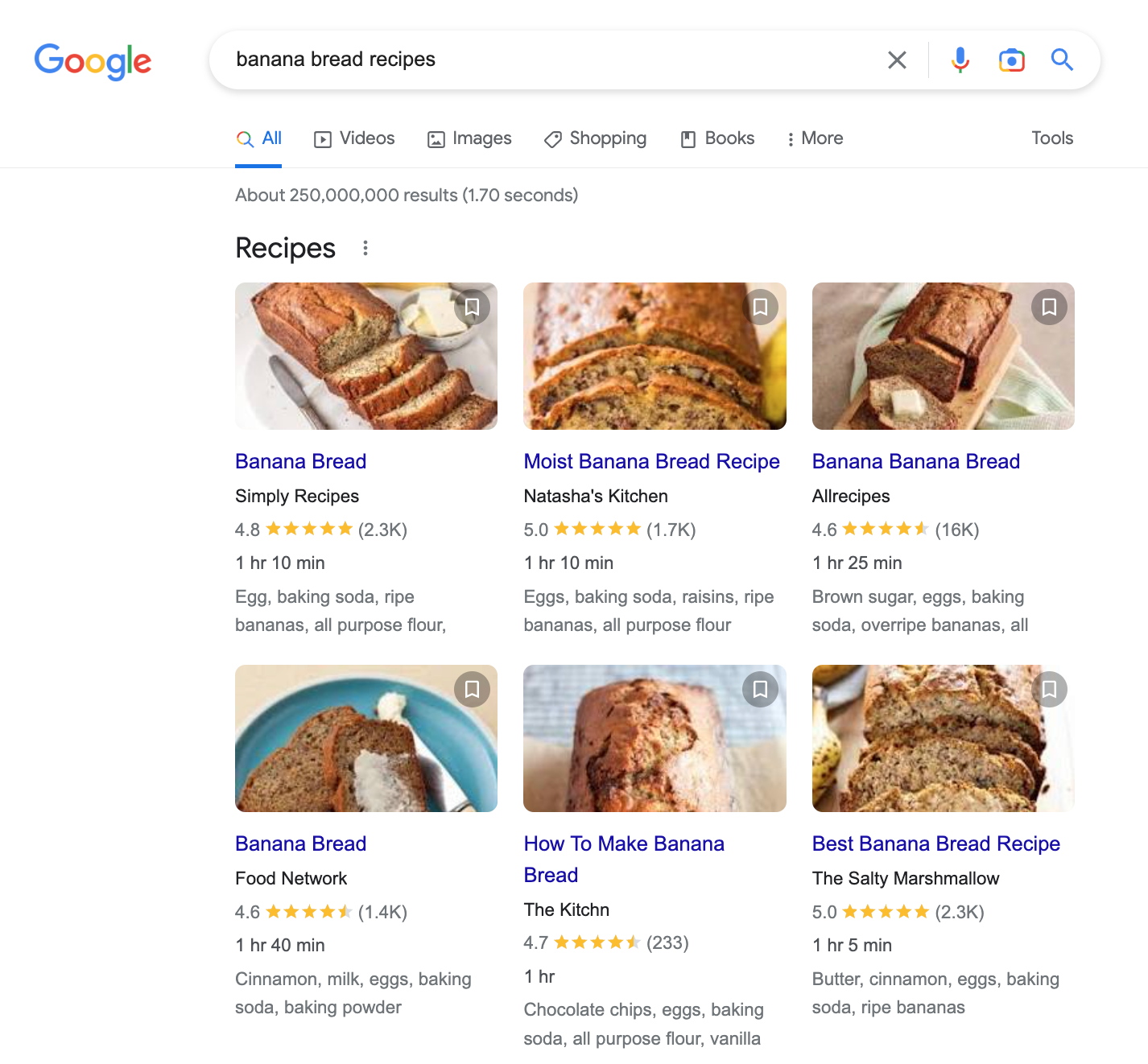 Скриншот для поискового запроса «рецепты бананового хлеба» в Google
