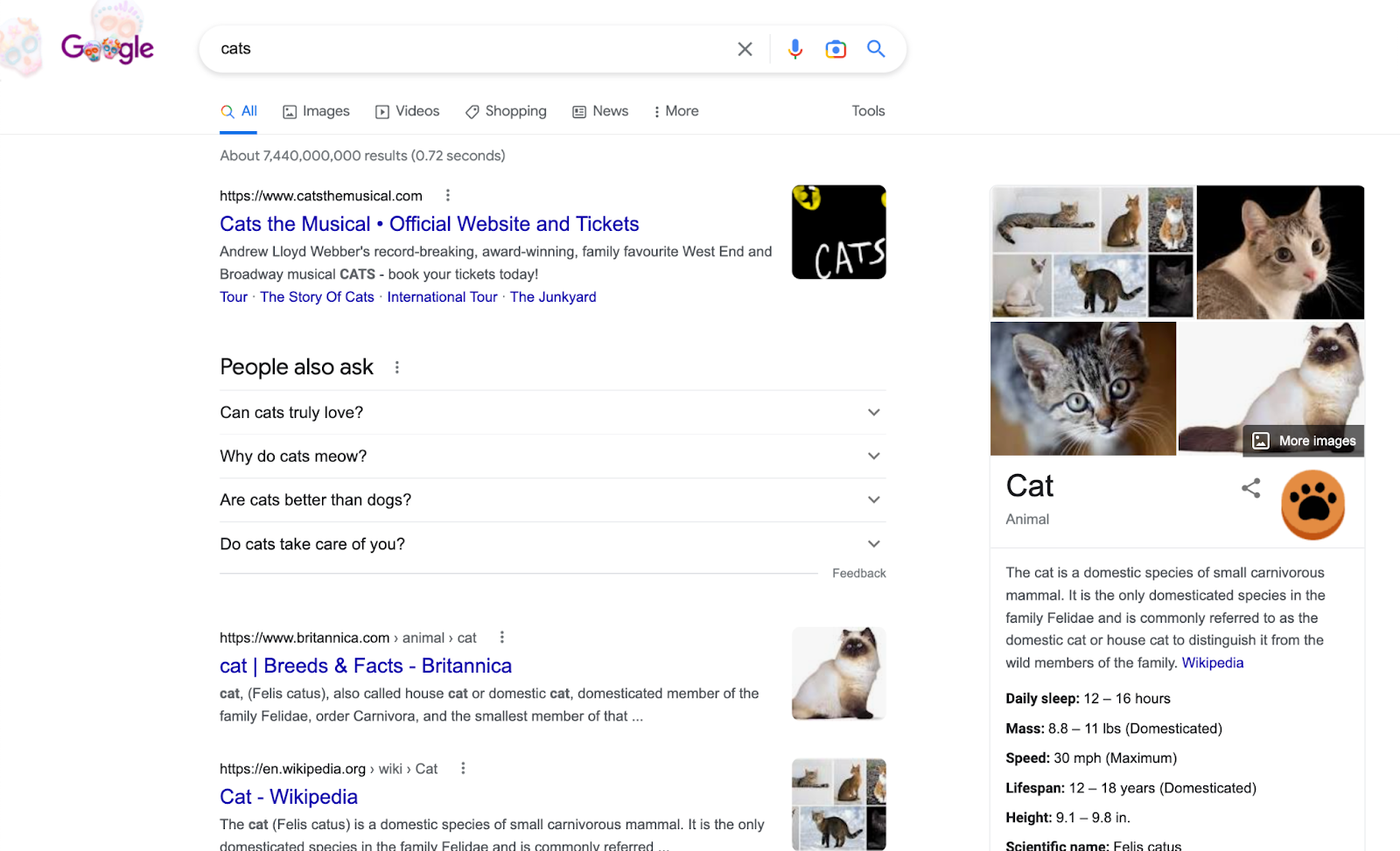 ภาพหน้าจอสำหรับคำค้นหา 'cats' บน Google นำเสนอคุณลักษณะของ SERP เช่น แผงความรู้ ส่วน 'ผู้คนยังถาม' และชุดรูปภาพ
