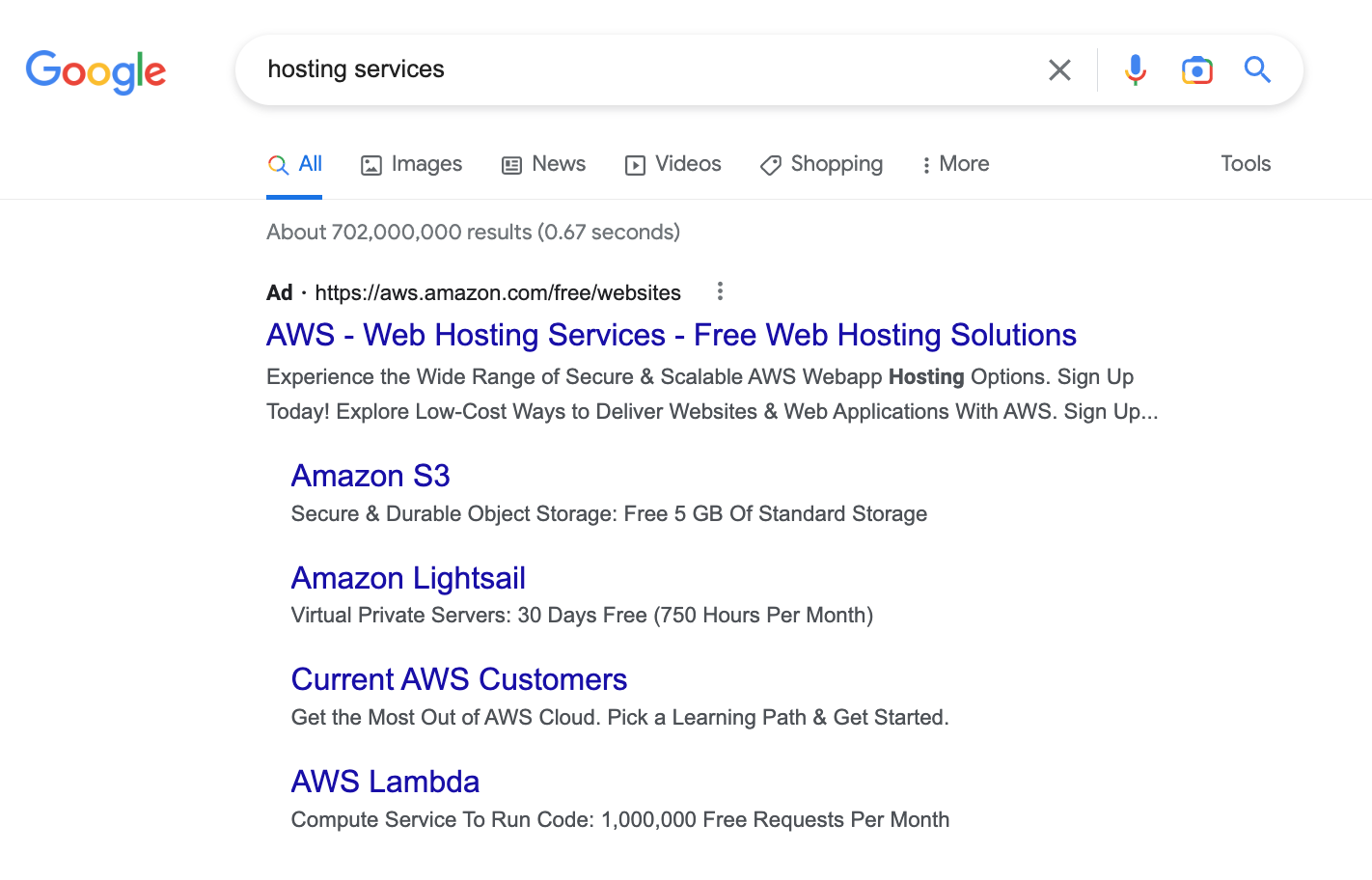 Скриншот для поискового запроса «услуги хостинга» в Google