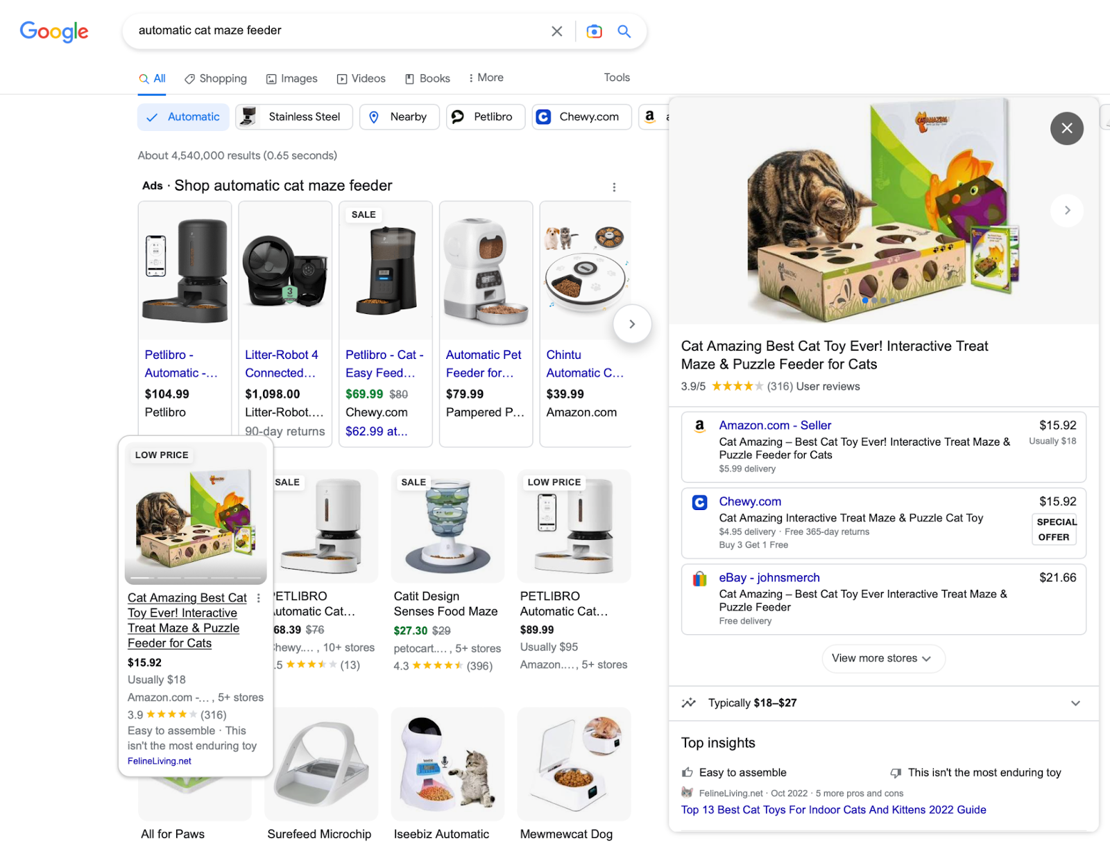 Capture d'écran de la requête de recherche "alimentation automatique du labyrinthe pour chats" sur Google