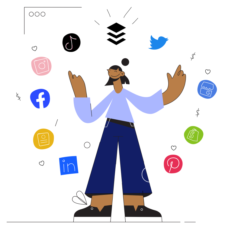 Cartoon drawing of a woman with her arms up, smiling, surrounded by social media icons like Facebook and Instagram.