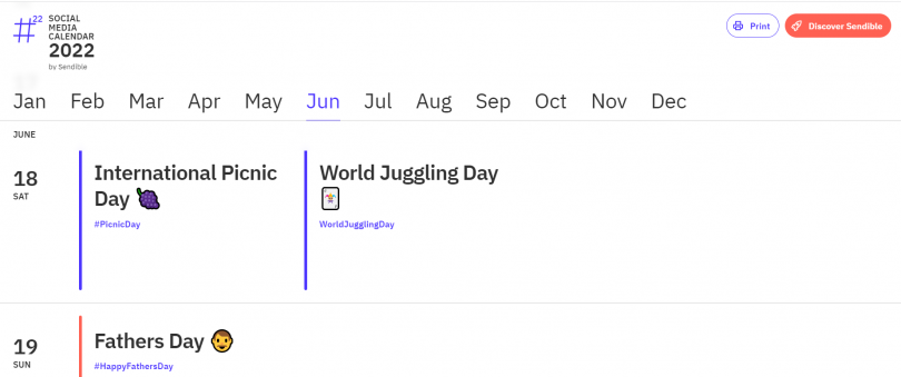 An example of a content calendar with posts on each day, including: international picnic day, and fathers day.