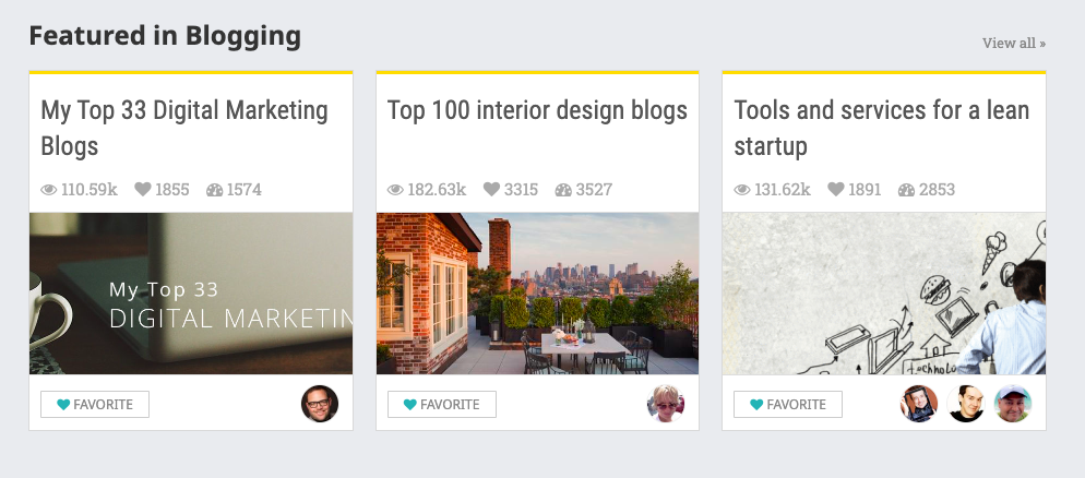 "My top 33 Digital Marketing Blogs", "Top 100 Interior Design Blogs" and "Tools and Services for a Lean Startup".