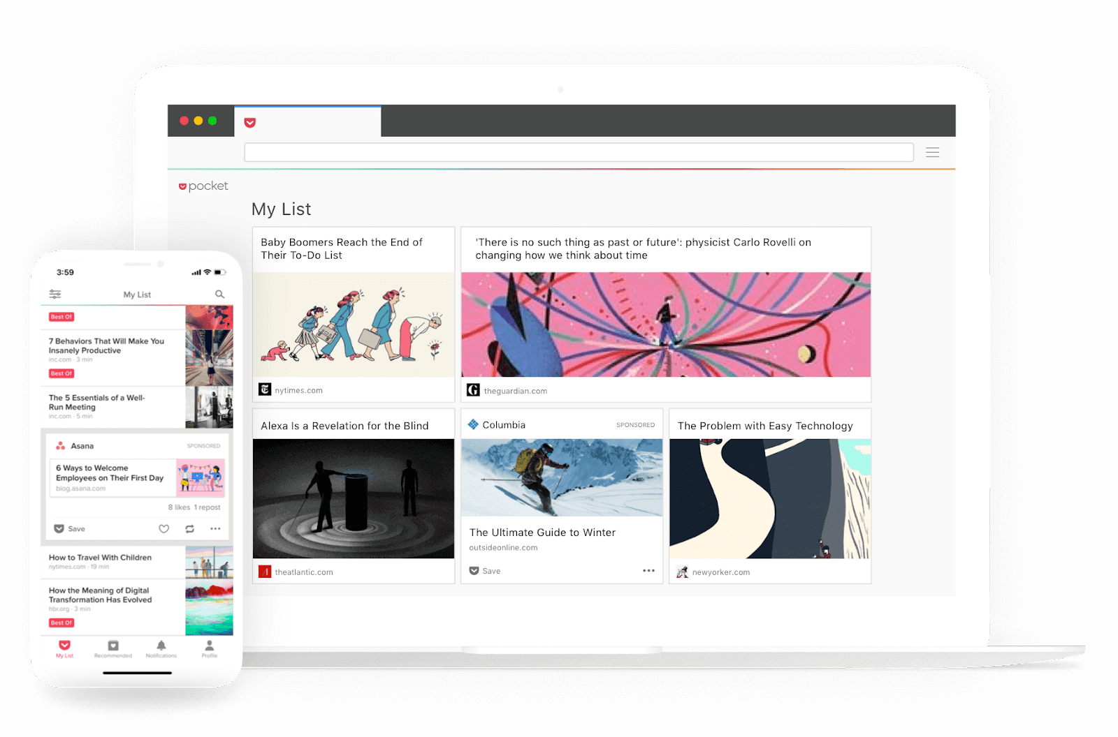 Pocket's My List shown both on desktop and mobile devices.