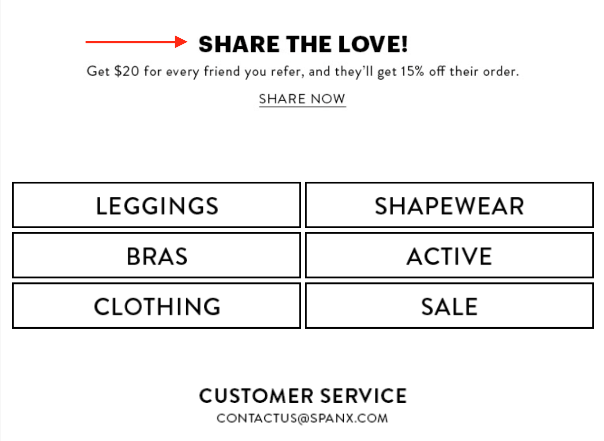 Spanx email marketing campaign about a refer-a-friend program. 