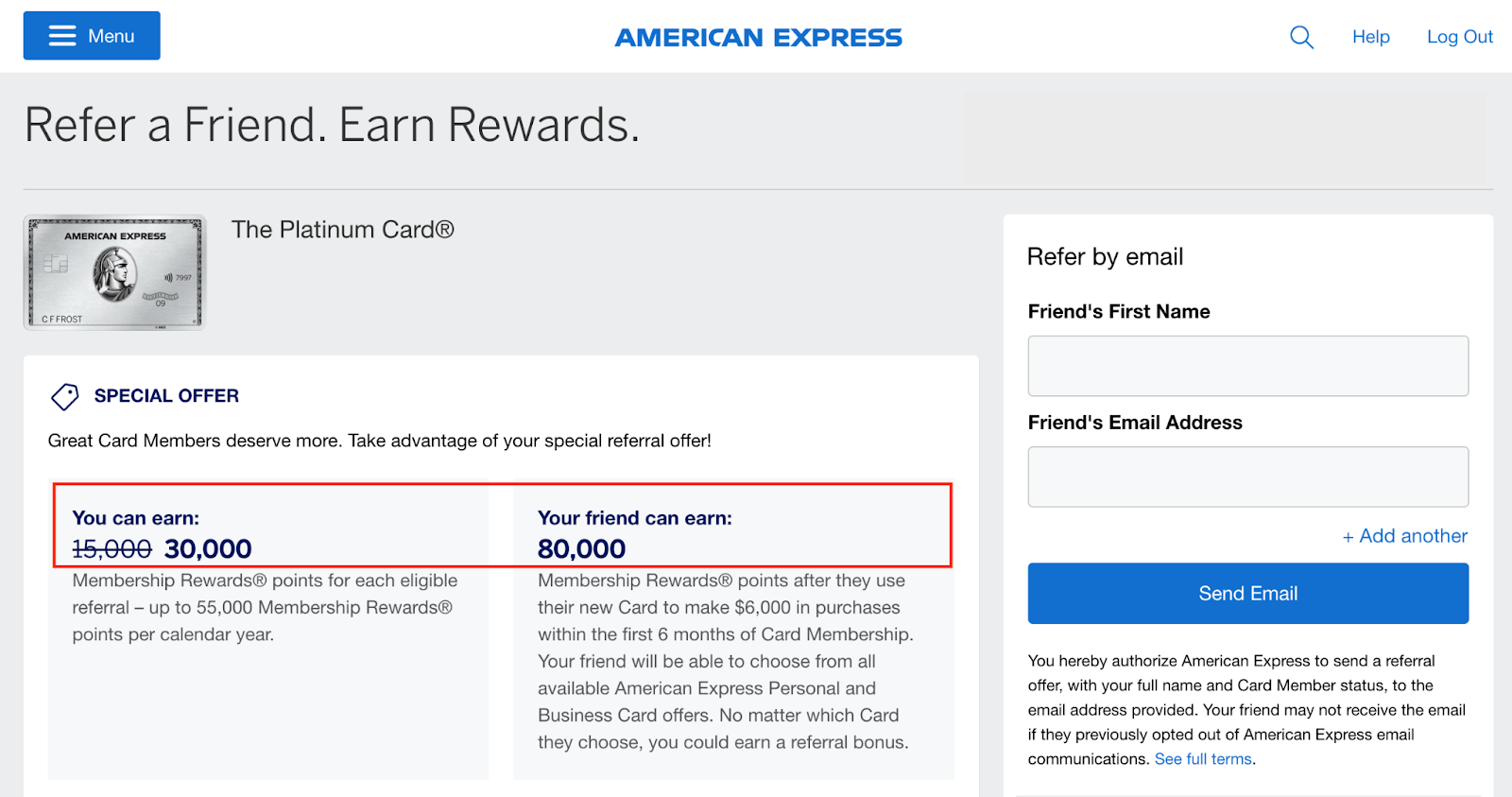 Screenshot of American Express referral program. 