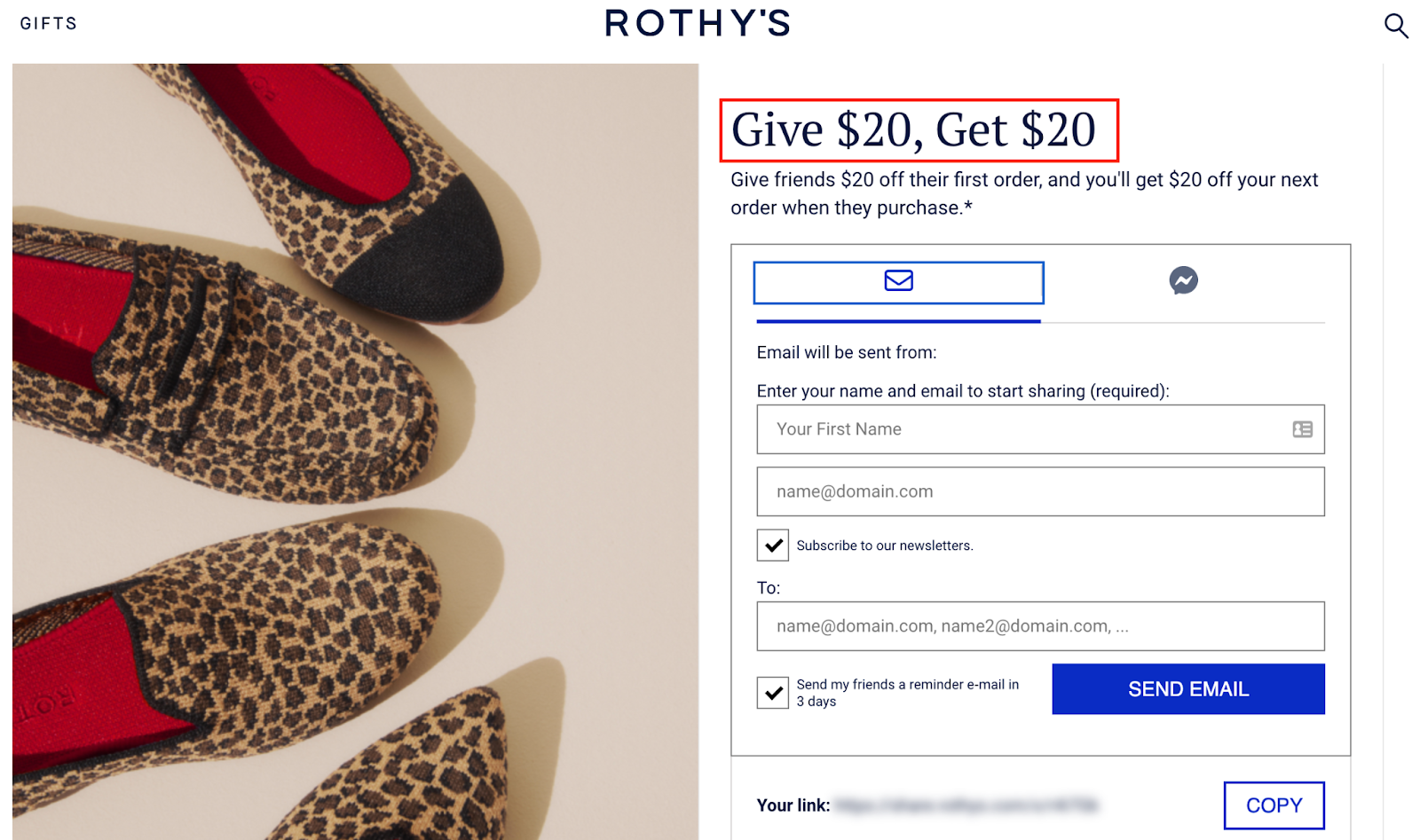 Screenshot of Rothy's referral program. 