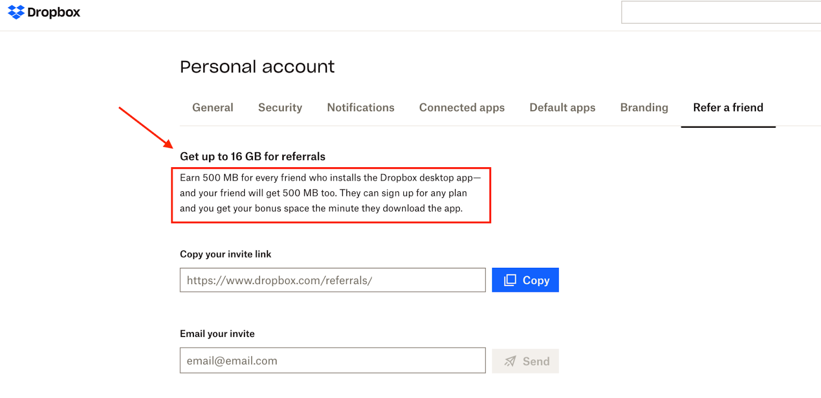 Screenshot of Dropbox's referral program.