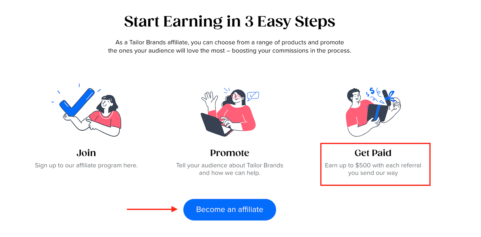 A screenshot of Tailor Brands affiliate program for $500 per conversion.