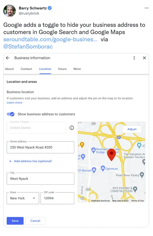 "Google adds a toggle to hide your business address to customers in Google Search and Google Maps." with an attached screenshot.