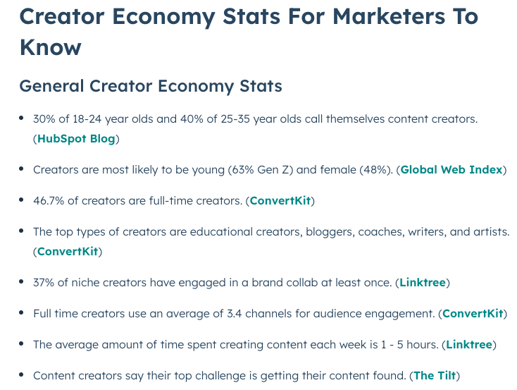 A list of statistics that HubSpot curated, including how 40% of 25-35 year olds call themselves content creators.