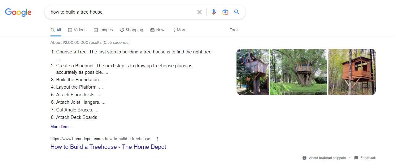 Ağaç ev için Google arama sonucunun ekran görüntüsü