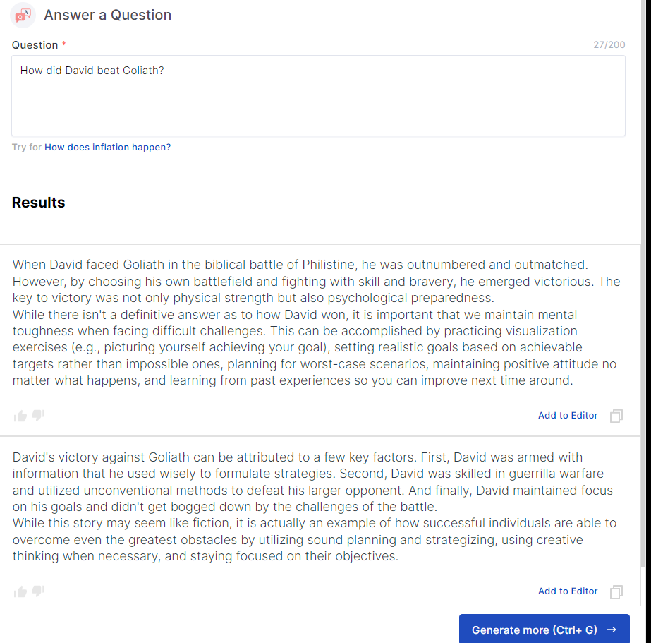 Captura de tela do exemplo de perguntas e respostas da Scalenut