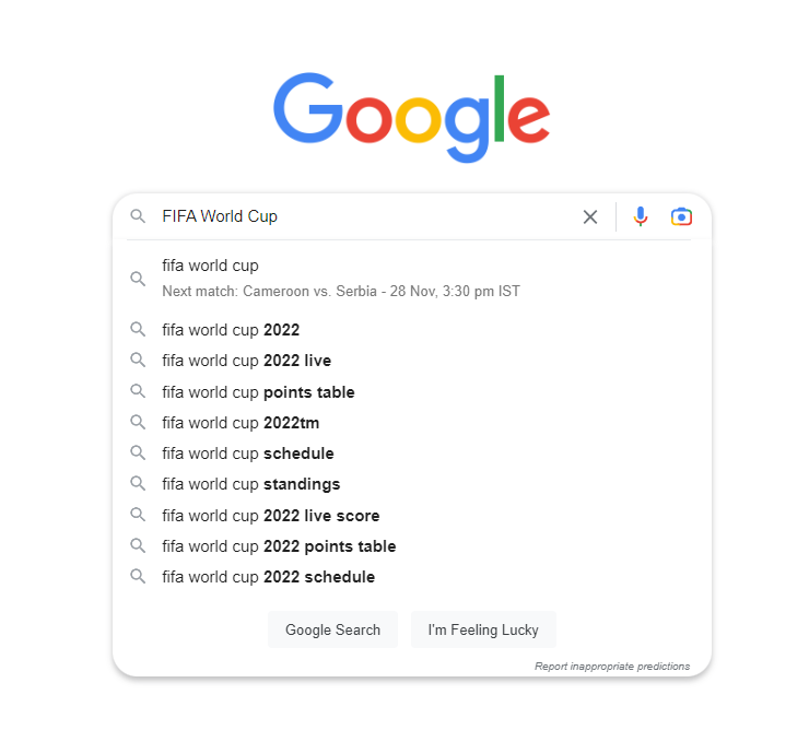 Captura de tela das sugestões do Google para a Copa do Mundo da FIFA