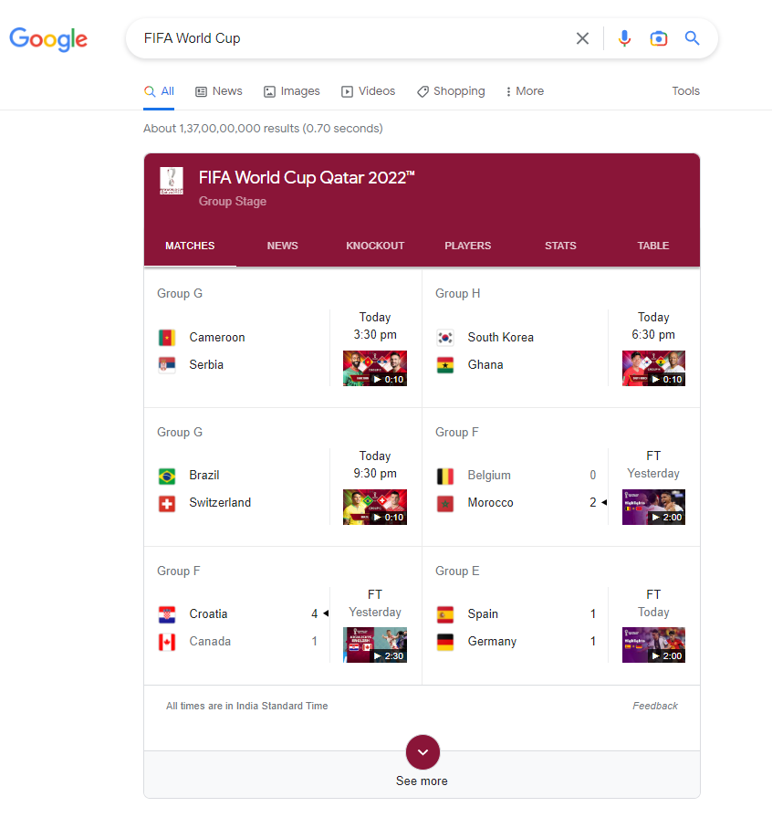 FIFA World Cup için Google arama sonucunun ekran görüntüsü