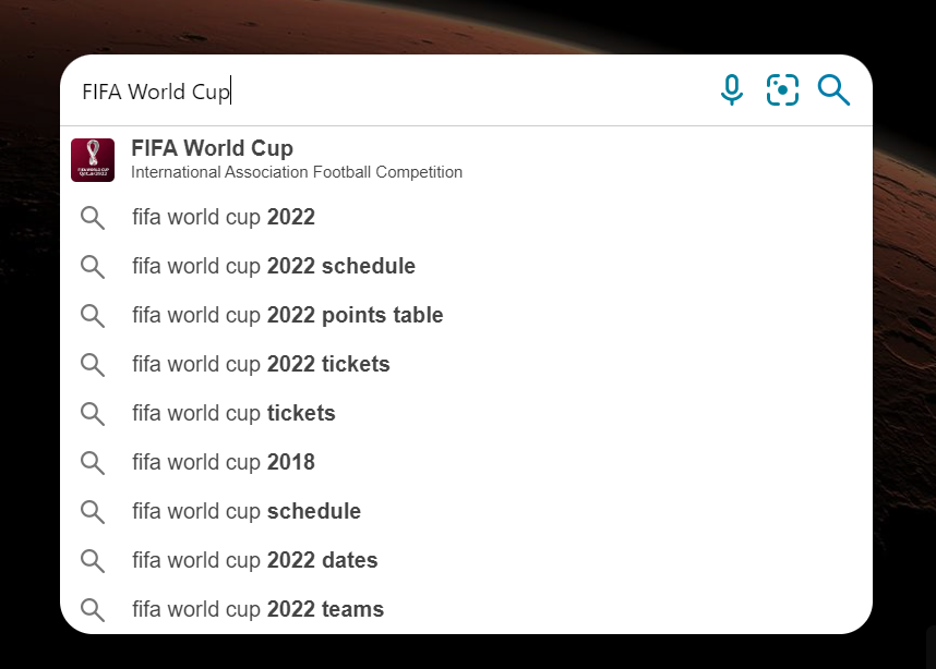 Captura de tela das sugestões do Bing para a Copa do Mundo da FIFA