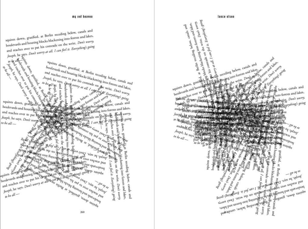 Doppelseite experimenteller Poesie, bei der Gedichtblöcke gedreht und überlappt werden.