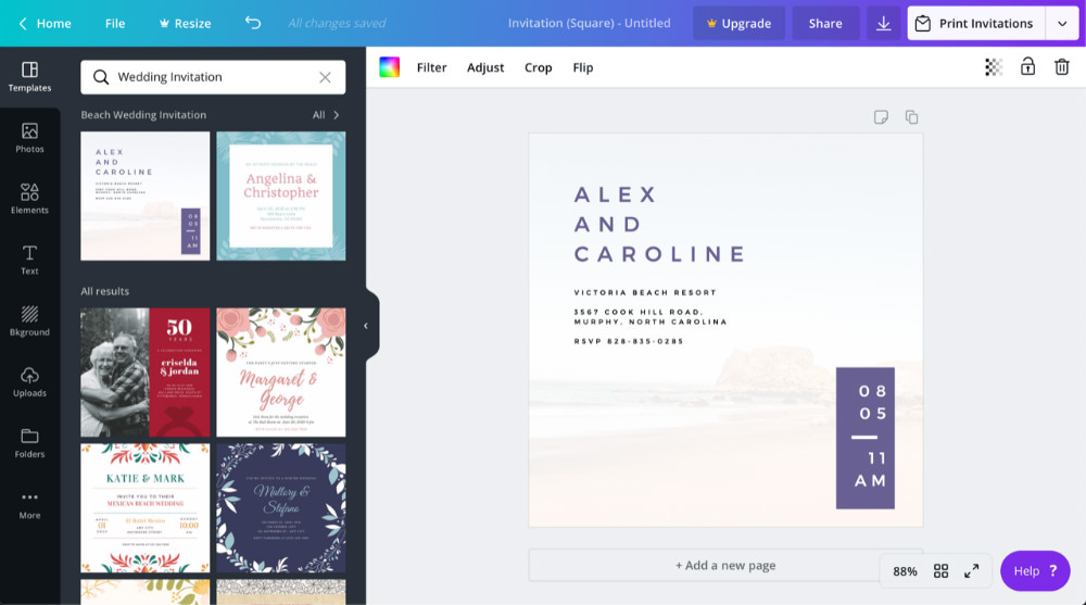 designer di strumenti per inviti di nozze online canva