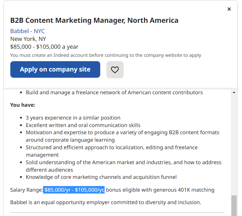 An example of a content marketing manager job listing with a hyphen in between pay grades. This shows how much variation there can be in wages. 