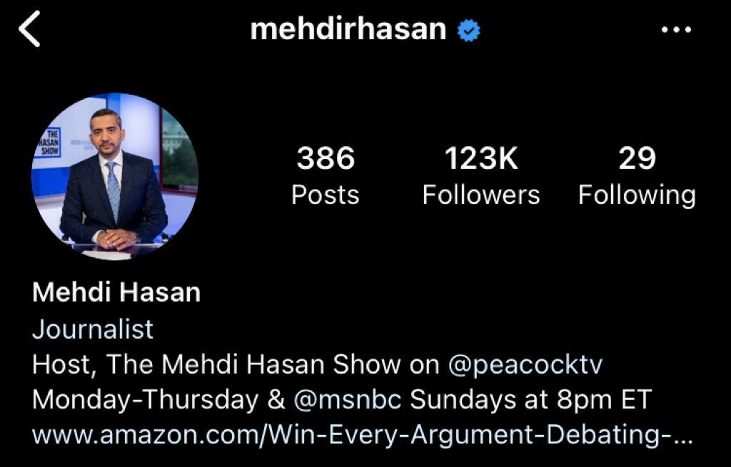 Contoh bio Instagram: Mehdi Hasan