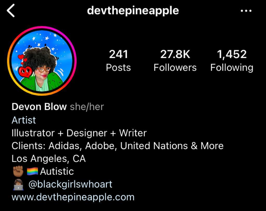 Contoh bio Instagram: Devon Blow