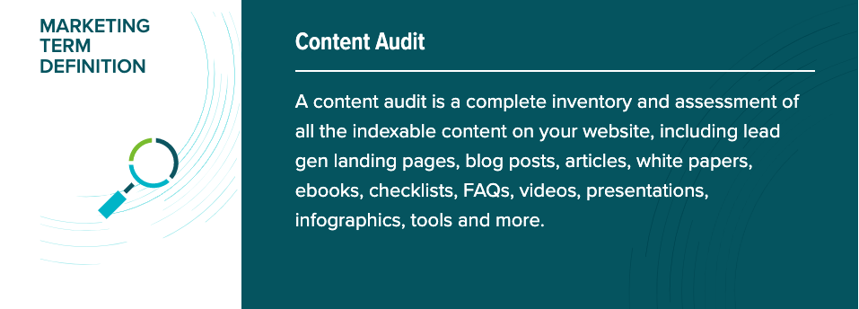 A complete inventory and assessment of all the indexable content on your website. Including blog posts, articles, and white papers.