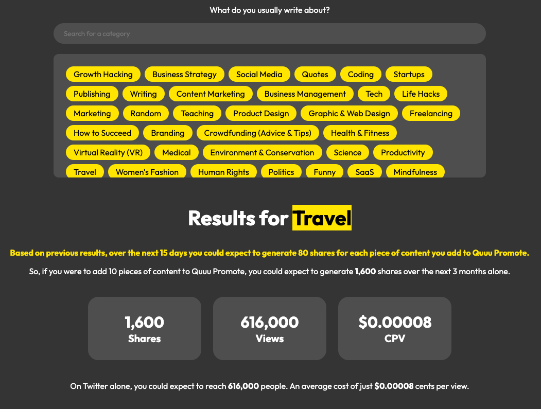 A web page that lets you input the keyword your writing about to show you how many shares you could get from uploading content to Quuu Promote.