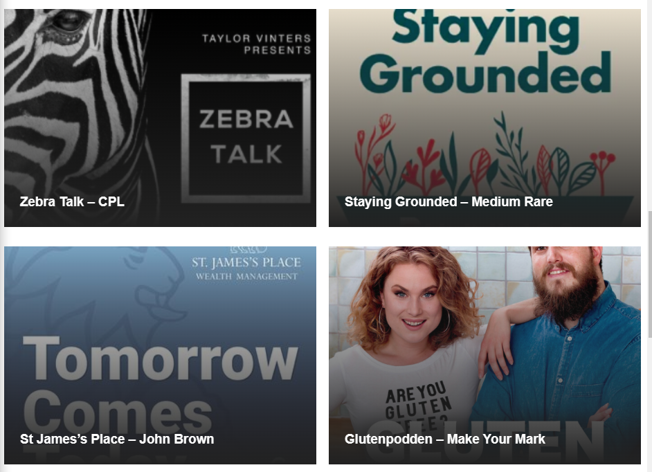 A screenshot of 4 currently available podcasts hosted by the CMA that you can listen to. These are:
Zebra Talk - CPL
Staying Grounded - Medium Rare
St James's Place - John Brown
Glutenpodden - Make Your Mark