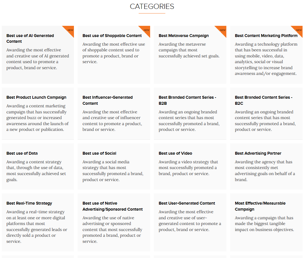 A grid showing several of the available Digiday awards categories. This is not the complete list - that can be found on their website via the source link.