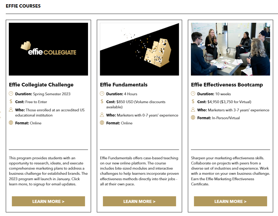 A screenshot of 3 courses available on Effie, with more detailed explanations beneath each course.
1 - Effie Collegiate Challenge
2 - Effie Fundamentals
3 - Effie Effectiveness Bootcamp