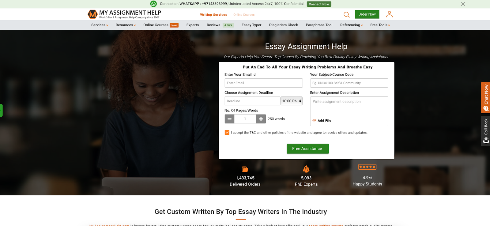 Captura de tela da página inicial do My Assignment Help Essay Typer