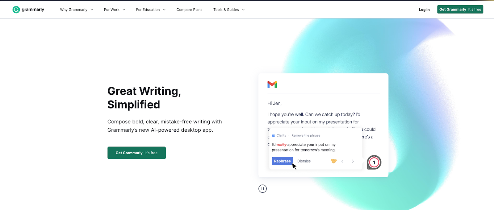 Captura de tela da página inicial do Grammarly