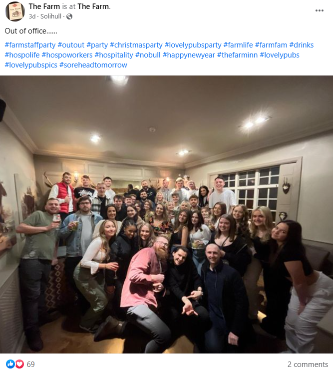 The local small business The Farm posting a picture of their Christmas staff party with all employees having a good time.
