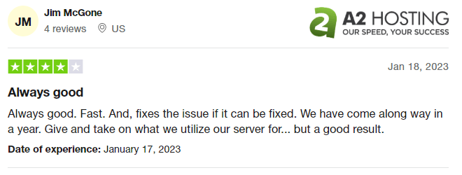 A2 Hosting Trustpilot Review 5