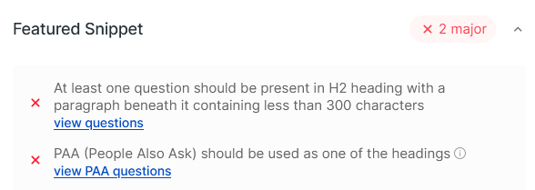 Captură de ecran a Optimizării fragmentelor recomandate în Optimizatorul de conținut Scalenut