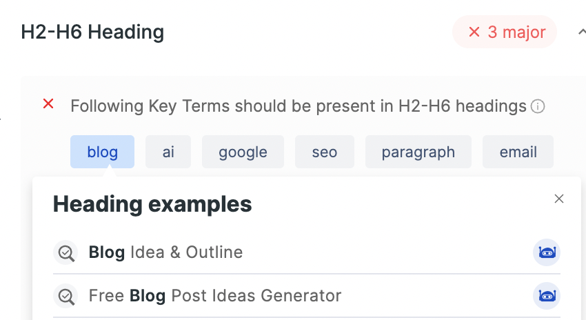 Captură de ecran a exemplului de titlu H2-H6 în Optimizatorul de conținut Scalenut